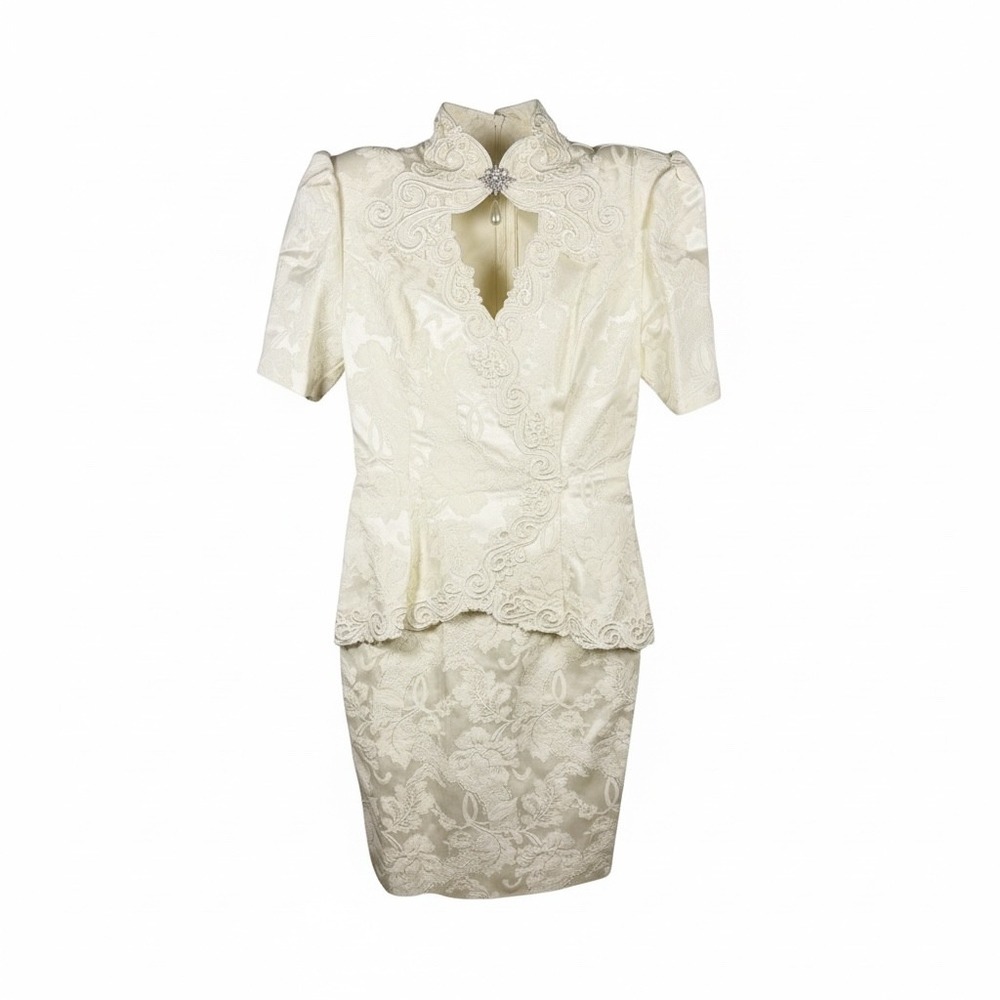 Vintage Bridal‎ Ivory Lace Peplum Midi Wedding Dress Set Brooch Shoulder Pads